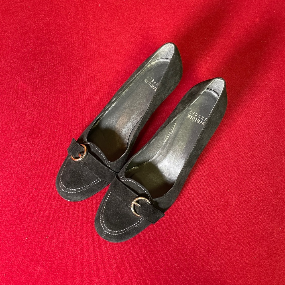 Stuart Weitzman Black Suede Buckle Heels